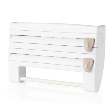Multifunctional kitchen wall organizer with cling wrap, foil, and paper towel storage compartments and built-in cutting tools