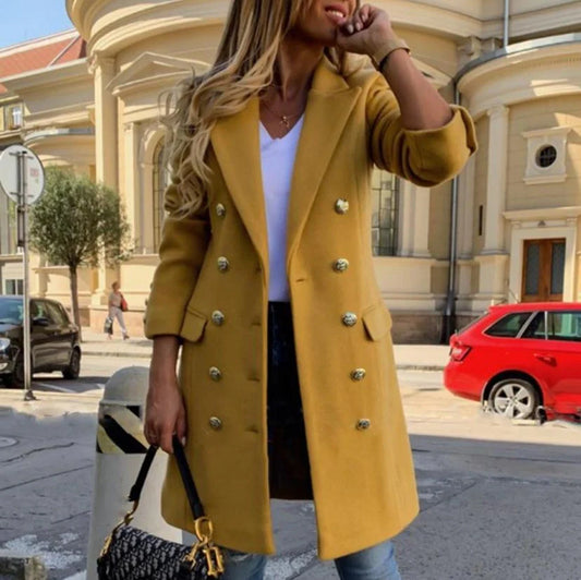 A classic woolly lapel coat with a double-breasted design, featuring a mid-length silhouette and available in black and yellow colours.