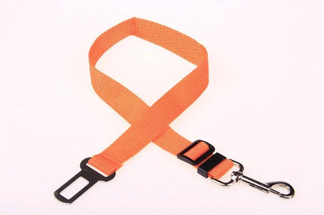 Adjustable dog seat belt with secure clip and buckle for attaching to pet harness and vehicle seatbelt