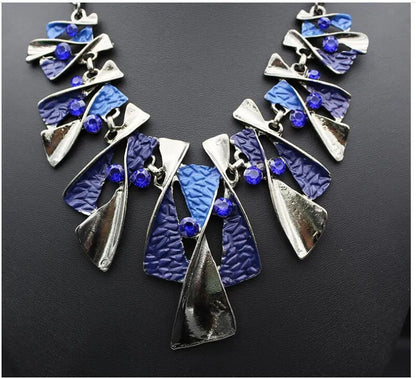 Alloy diamond necklace and earrings set with water wave chain, mixed stone pendant, blue or multicolour.