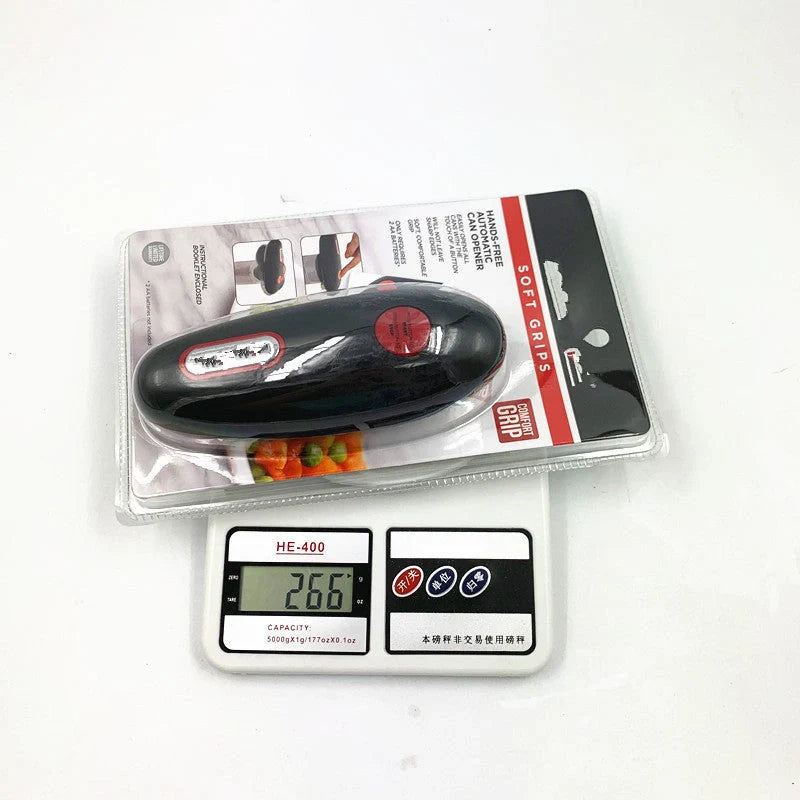 Cordless electric can opener in black, featuring safety grooves and automatic operation
