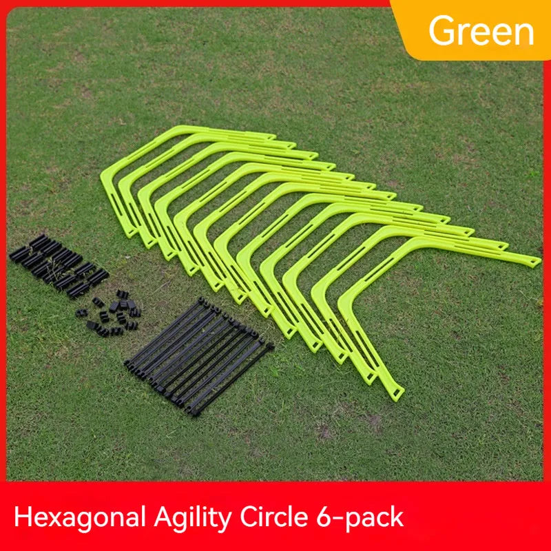 Set of six foldable hexagon football training rings in yellow, green and orange colours