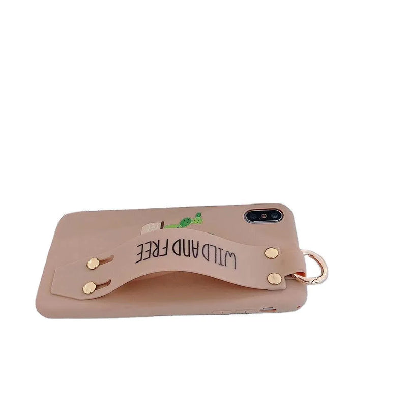 Phone case with built-in wristband holder for iPhone models, available in green and khaki, made from TPU and silicone with a simple graffiti design on the back cover for hands-free convenience.