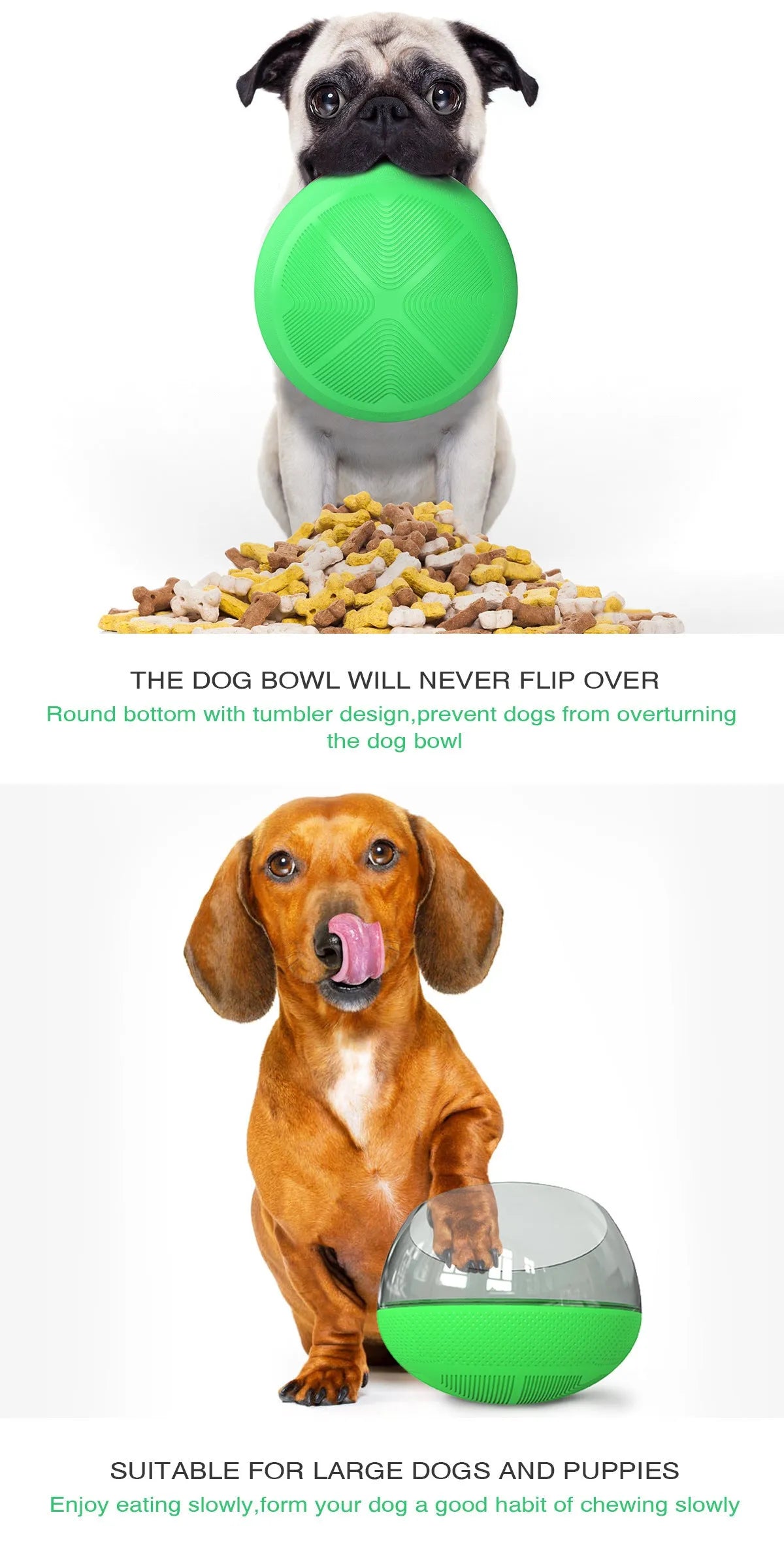 Plastic slow food bowl for pets, 19 x 19 x 14 cm, shown in blue, green, and yellow options
