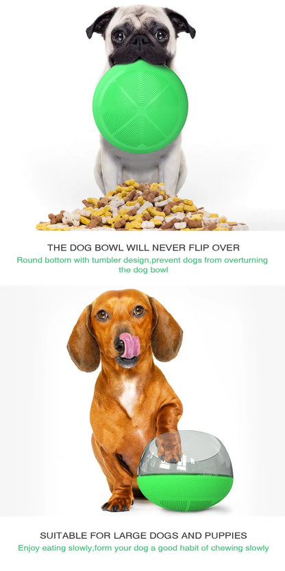 Plastic slow food bowl for pets, 19 x 19 x 14 cm, shown in blue, green, and yellow options