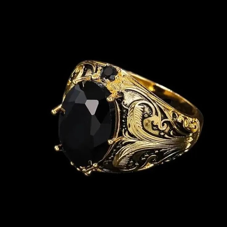 Silver geometric men's wide ring with imitation ink gem and moonstone styling on hand.