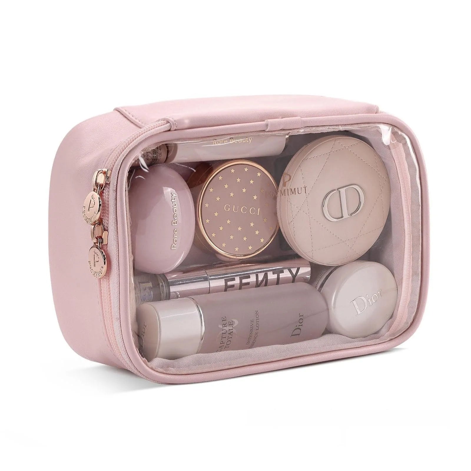Transparent PVC leather cosmetic bag showing interior organisation with dry wet separation