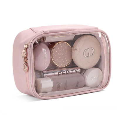 Transparent PVC leather cosmetic bag showing interior organisation with dry wet separation