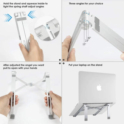 Black aluminium laptop stand on a wooden desk next to a notebook