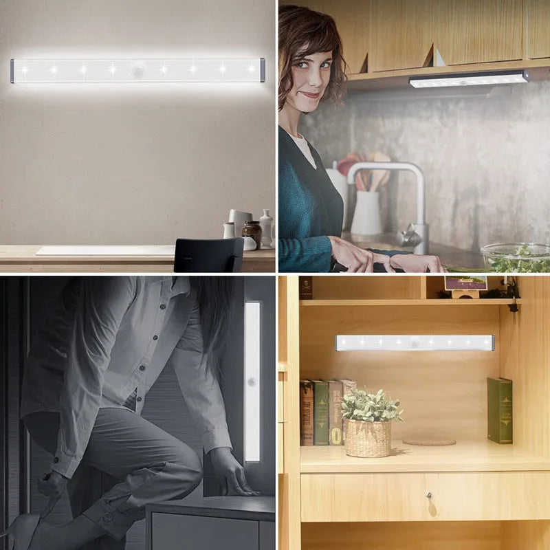 A matte aluminium LED closet light with a magnetic back, shown mounted inside a wooden wardrobe.