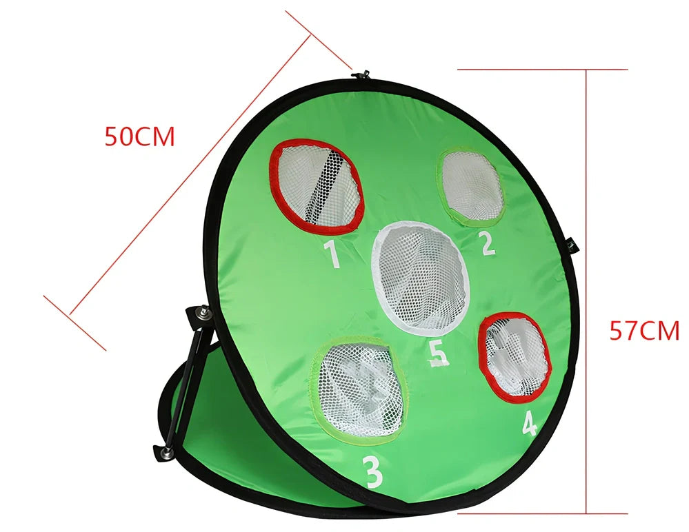 Green folding golf practice net measuring 57cm wide by 50cm high with fiberglass frame