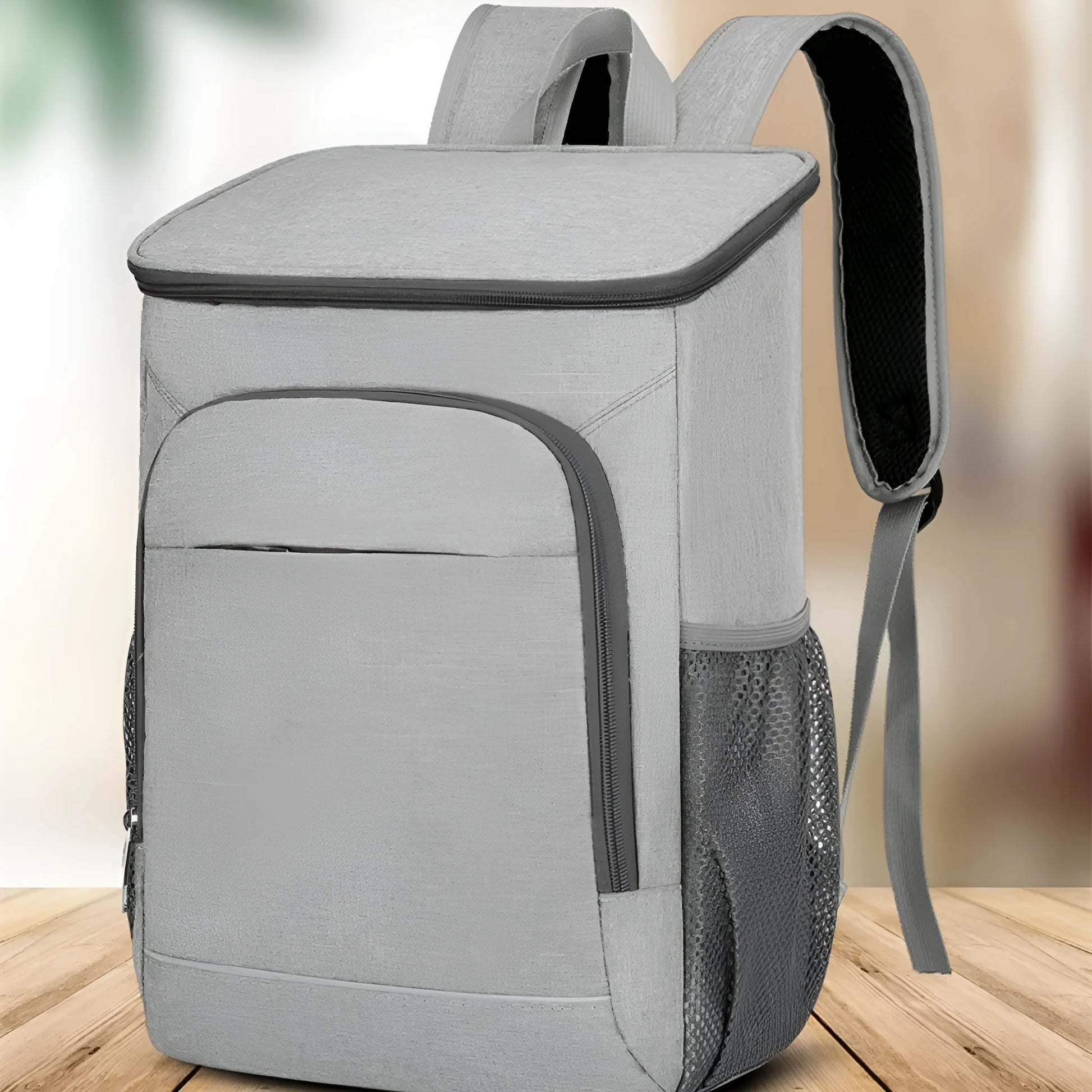Large Oxford cloth backpack for outdoor thermal picnics with curved shoulder straps in grey with orange accents