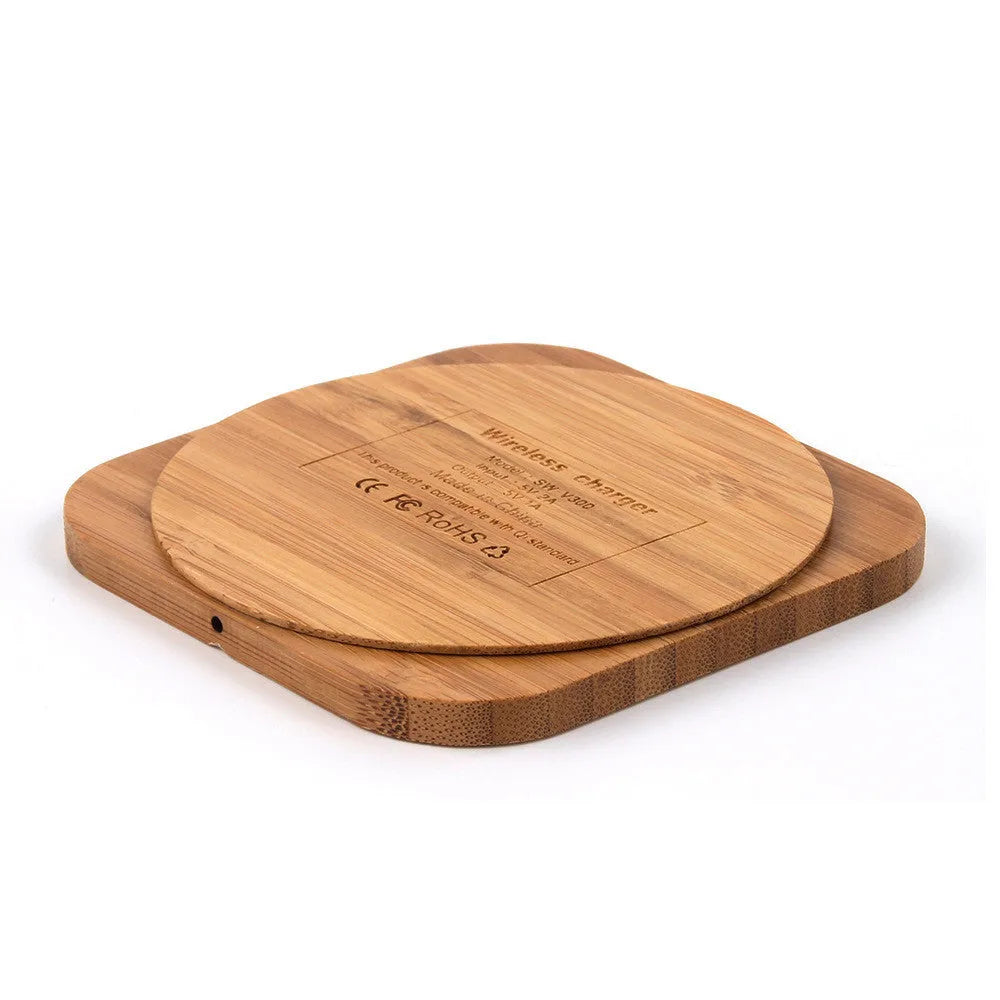 Square wooden bamboo 5W Qi wireless charger on a desk