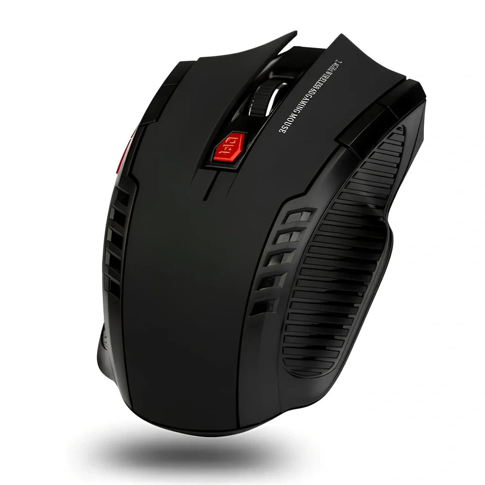 Black wireless computer mouse with six buttons and USB receiver, 100-120mm size