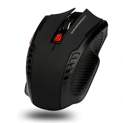 Black wireless computer mouse with six buttons and USB receiver, 100-120mm size
