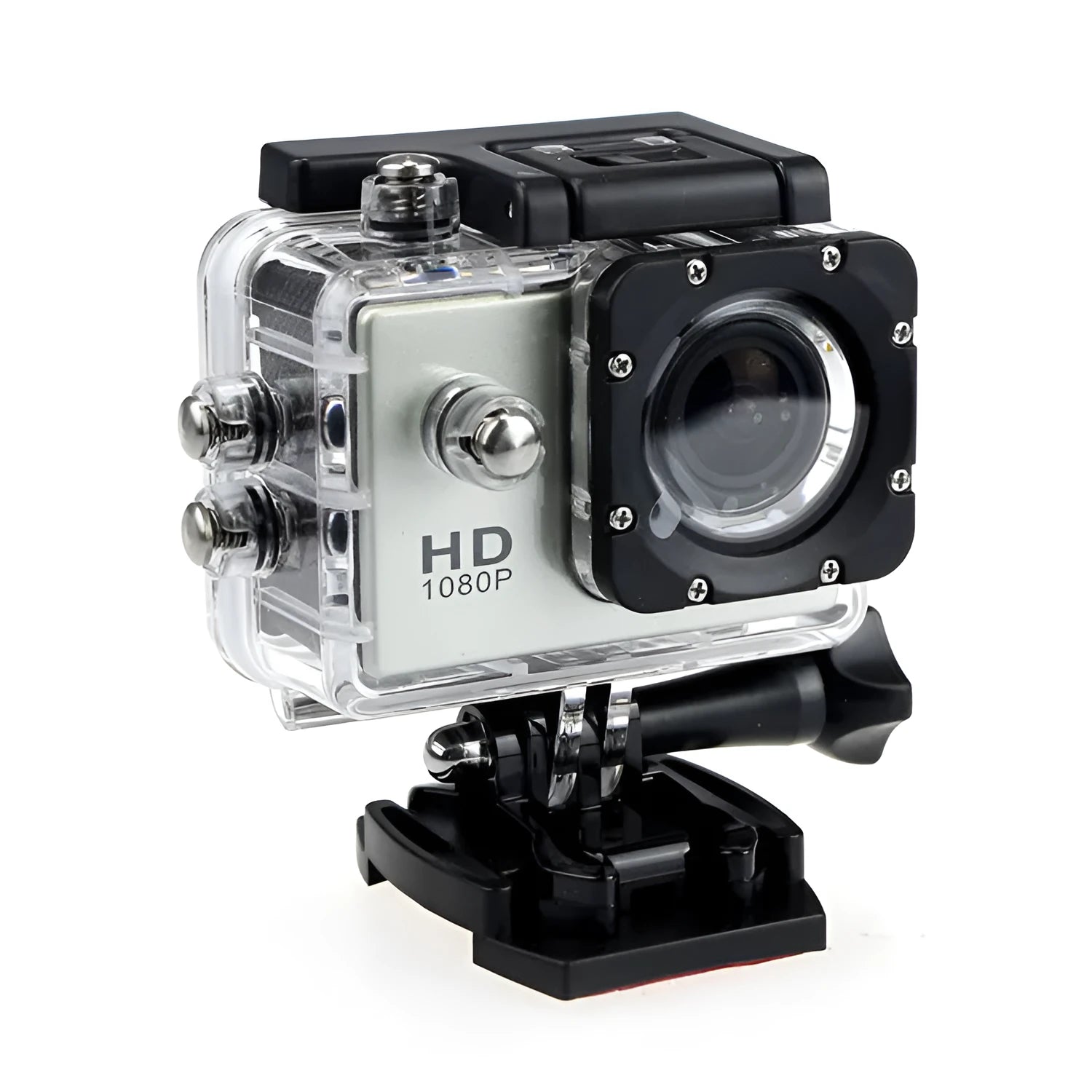 White waterproof sports camera next to its waterproof case and mounting accessory.