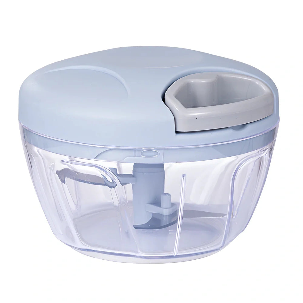 Manual garlic cutter with stainless steel blades in blue, green, or pink colours with transparent collection container