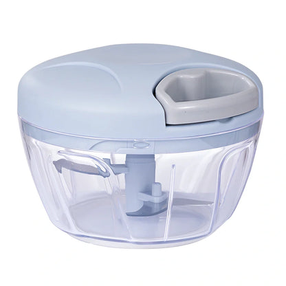 Manual garlic cutter with stainless steel blades in blue, green, or pink colours with transparent collection container