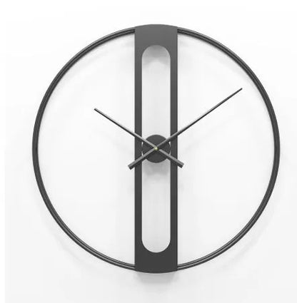 Large round metal wall clock with black finish showing analogue dial, 50cm in diameter.