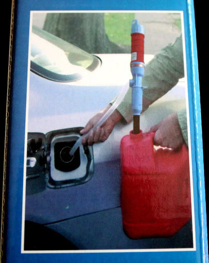 Blue and red manual siphon pump for fuel and liquid transfer