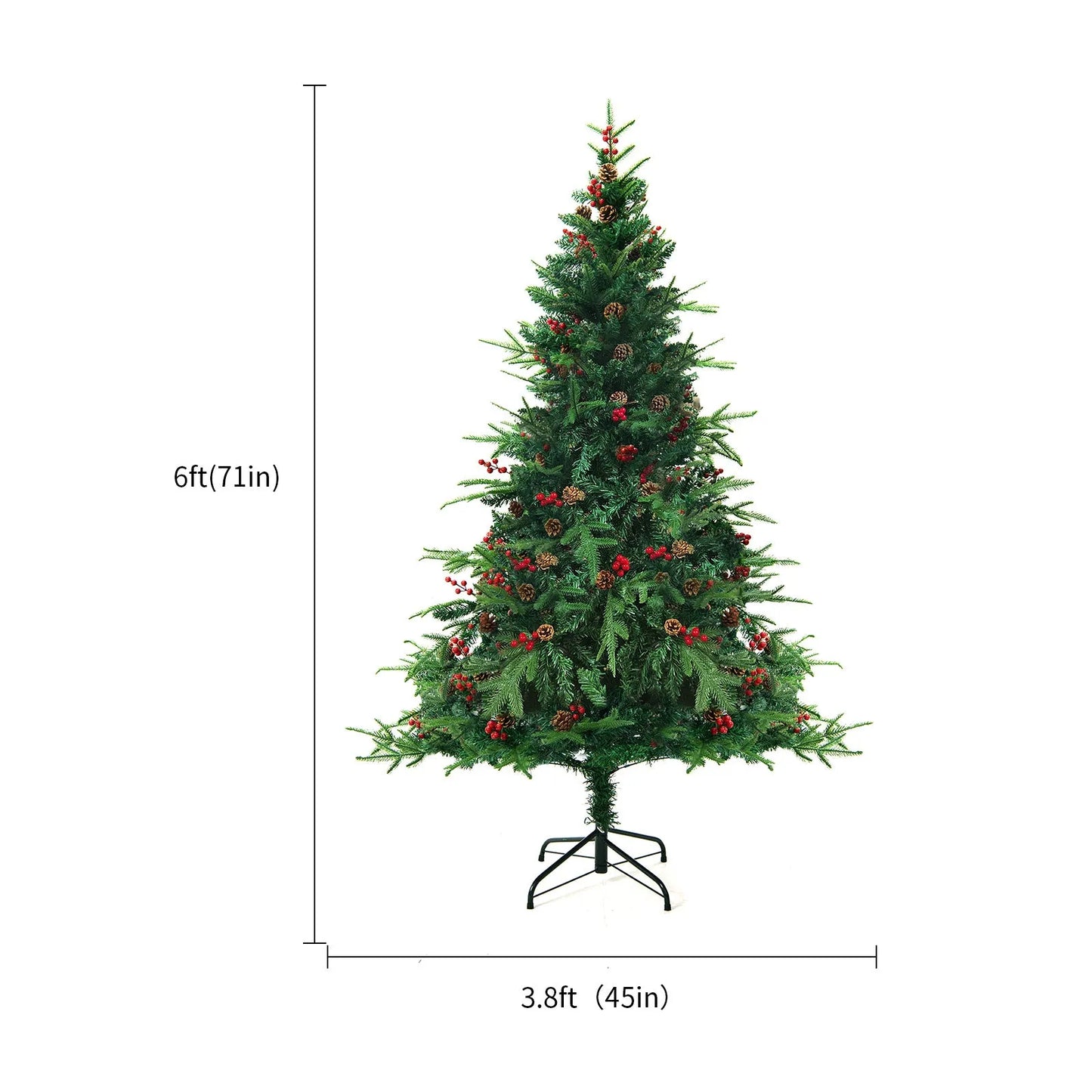 Green and white snow-dusted artificial Christmas tree on a metal stand, showing detailed PVC branches.