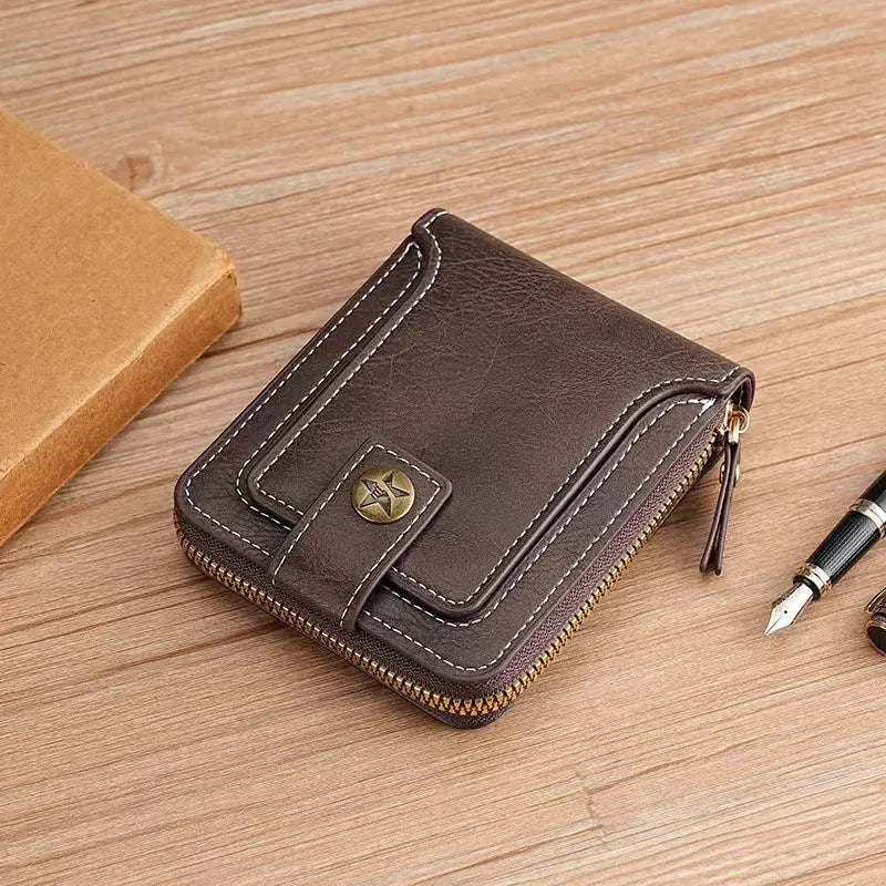 Men's short style bifold PU leather wallet in light brown, black, and dark brown colour options.