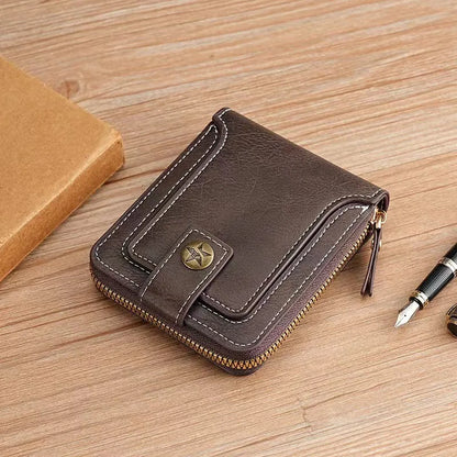 Men's short style bifold PU leather wallet in light brown, black, and dark brown colour options.