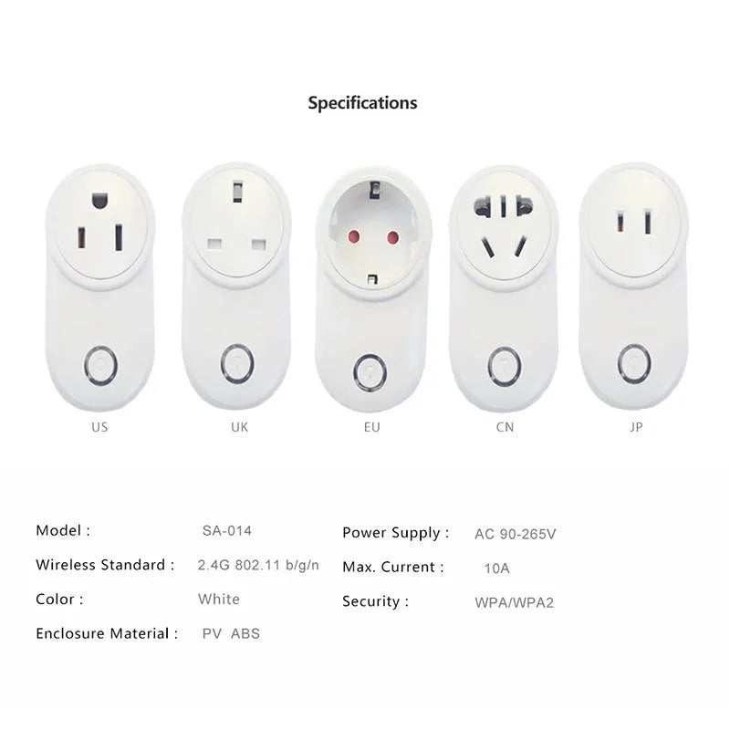 A neutral-colour wifi smart socket showing UK and US plug versions for remote and voice control.