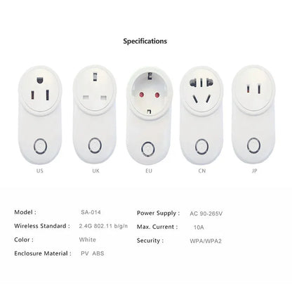 A neutral-colour wifi smart socket showing UK and US plug versions for remote and voice control.