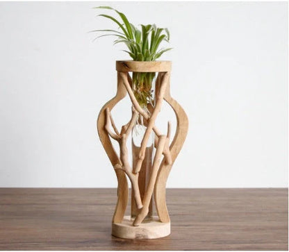 Handcrafted wooden vase with glass container for hydroponic floral displays and home decor