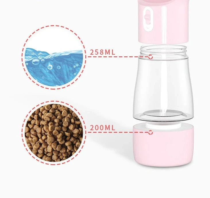Traveling Out Portable Dog Water and Food Dispenser in pink, green, blue, and gray