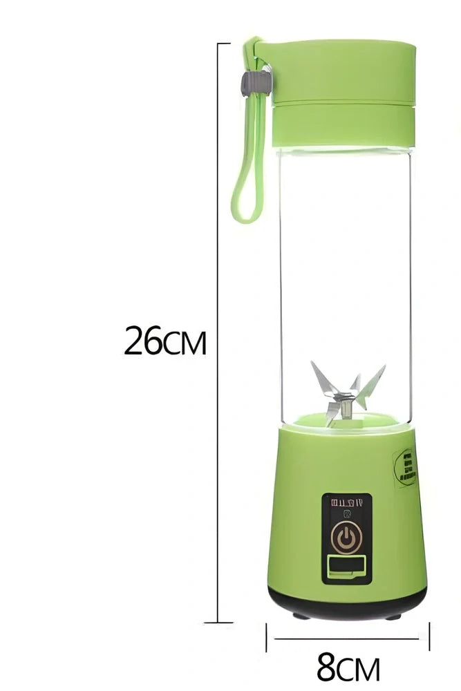 Portable USB rechargeable blender in blue with stainless steel blades, measuring 20 cm tall, for making smoothies.