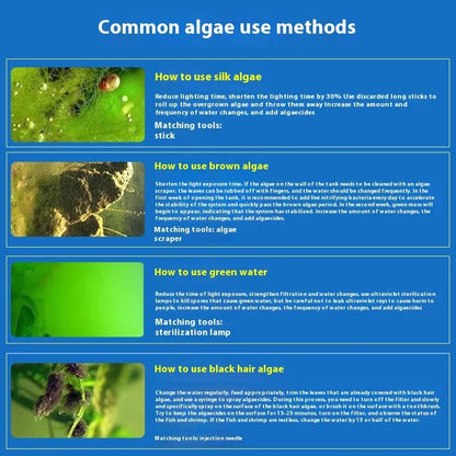 Bottle of liquid algae remover for aquariums and ponds in three size options