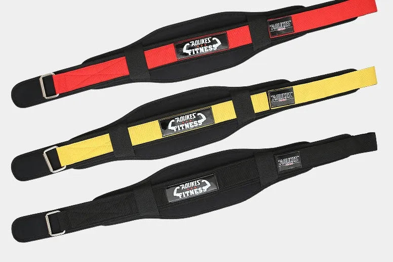 Black nylon fitness weightlifting waistband shown on a mannequin, with Red and Yellow colour options available.