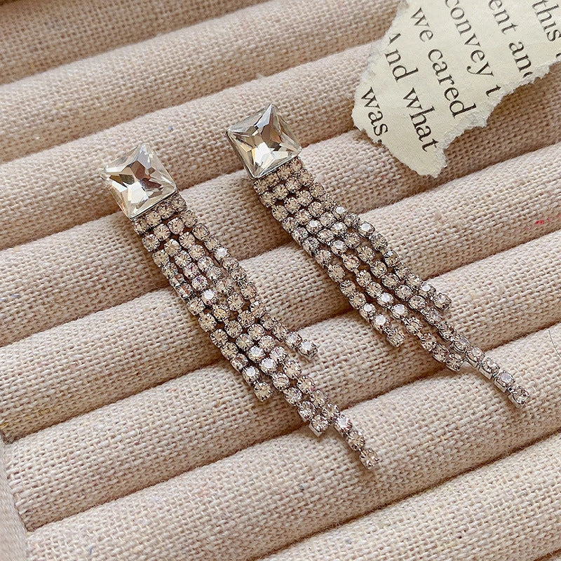 Elegant sterling silver long fringed zircon earrings for women