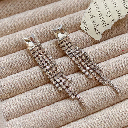 Elegant sterling silver long fringed zircon earrings for women