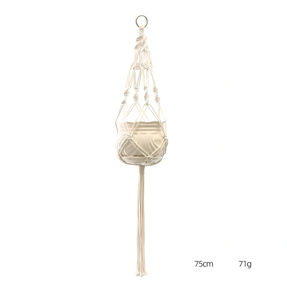 Hand-knitted cotton flowerpot net bag showing intricate pattern and hanging installation with plant