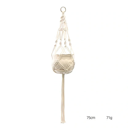 Hand-knitted cotton flowerpot net bag showing intricate pattern and hanging installation with plant