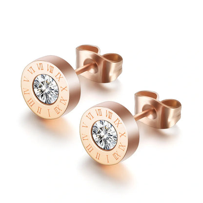Elegant Roman numeral stud earrings crafted from premium titanium steel with sparkling zircon accents