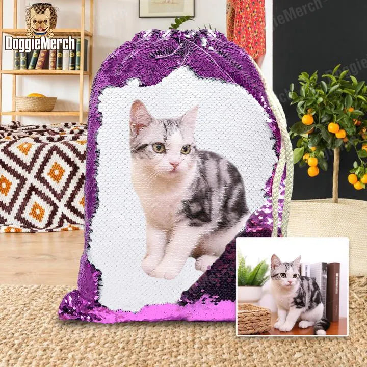 Custom purple sequin backpack with a printed dog photo and drawstring closure