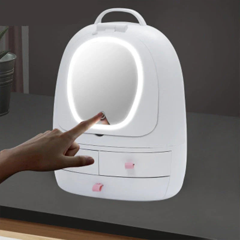 Adjustable dual-sided makeup mirror with LED lighting and cosmetic storage drawers