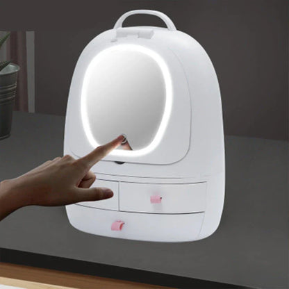 Adjustable dual-sided makeup mirror with LED lighting and cosmetic storage drawers