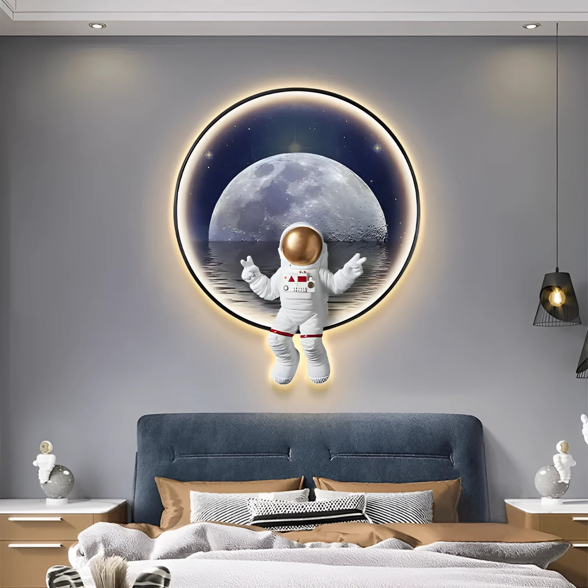 Space-themed canvas wall art with optional LED bedside lamp for children's bedrooms in Spaceman pattern