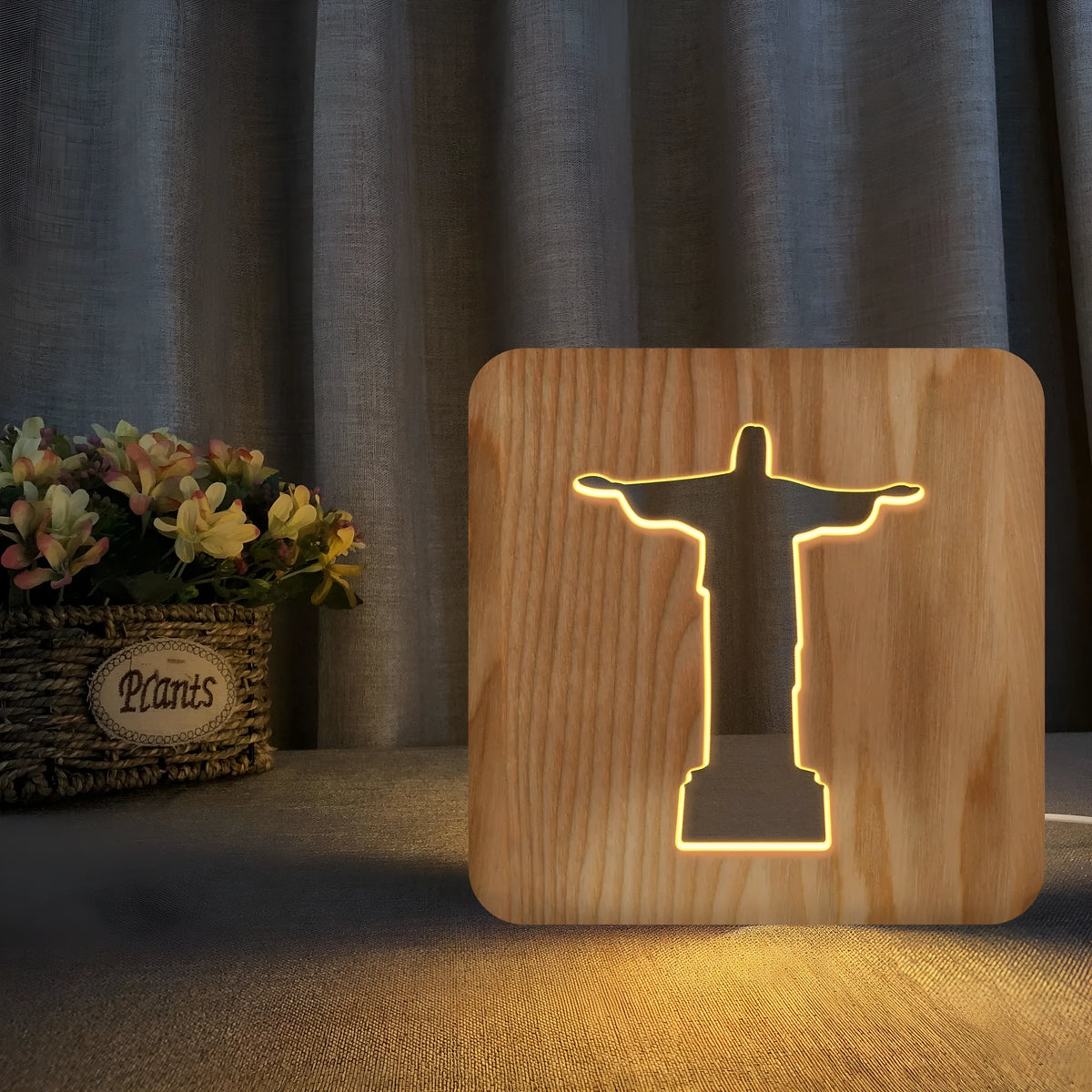 Solid wood hollow night lamp with warm white LED light showing wooden construction and compact dimensions