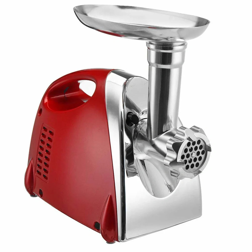 Red electric meat grinder with 800W motor processing 800g per minute with food grade materials