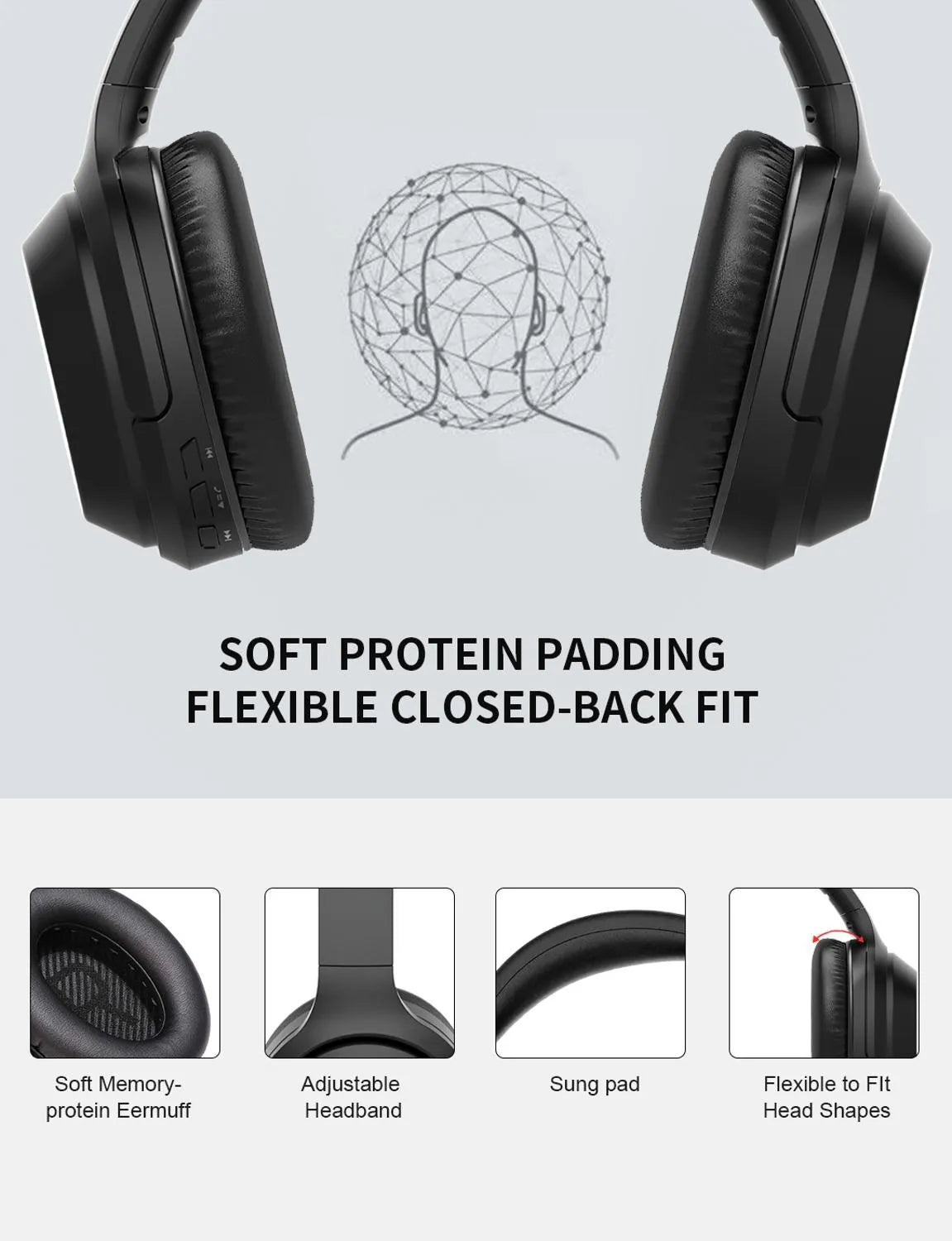 Black Gorsun E98 over-ear wireless Bluetooth headphones with memory-protein cushions and a stainless steel slider.