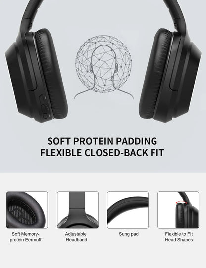 Black Gorsun E98 over-ear wireless Bluetooth headphones with memory-protein cushions and a stainless steel slider.