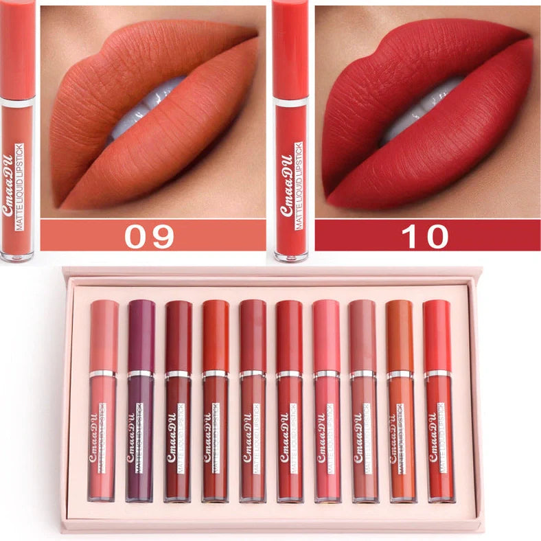 Set of 10 matte lipsticks with non-stick cup waterproof formula in packaging measuring 23.8cm