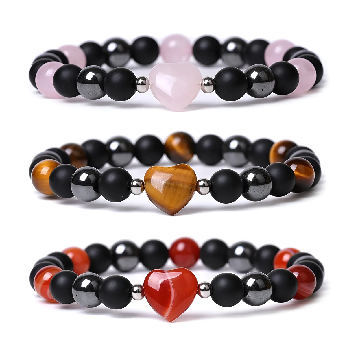 Geometric peach heart stone bracelet with hand-cut craftsmanship in multiple colour variations