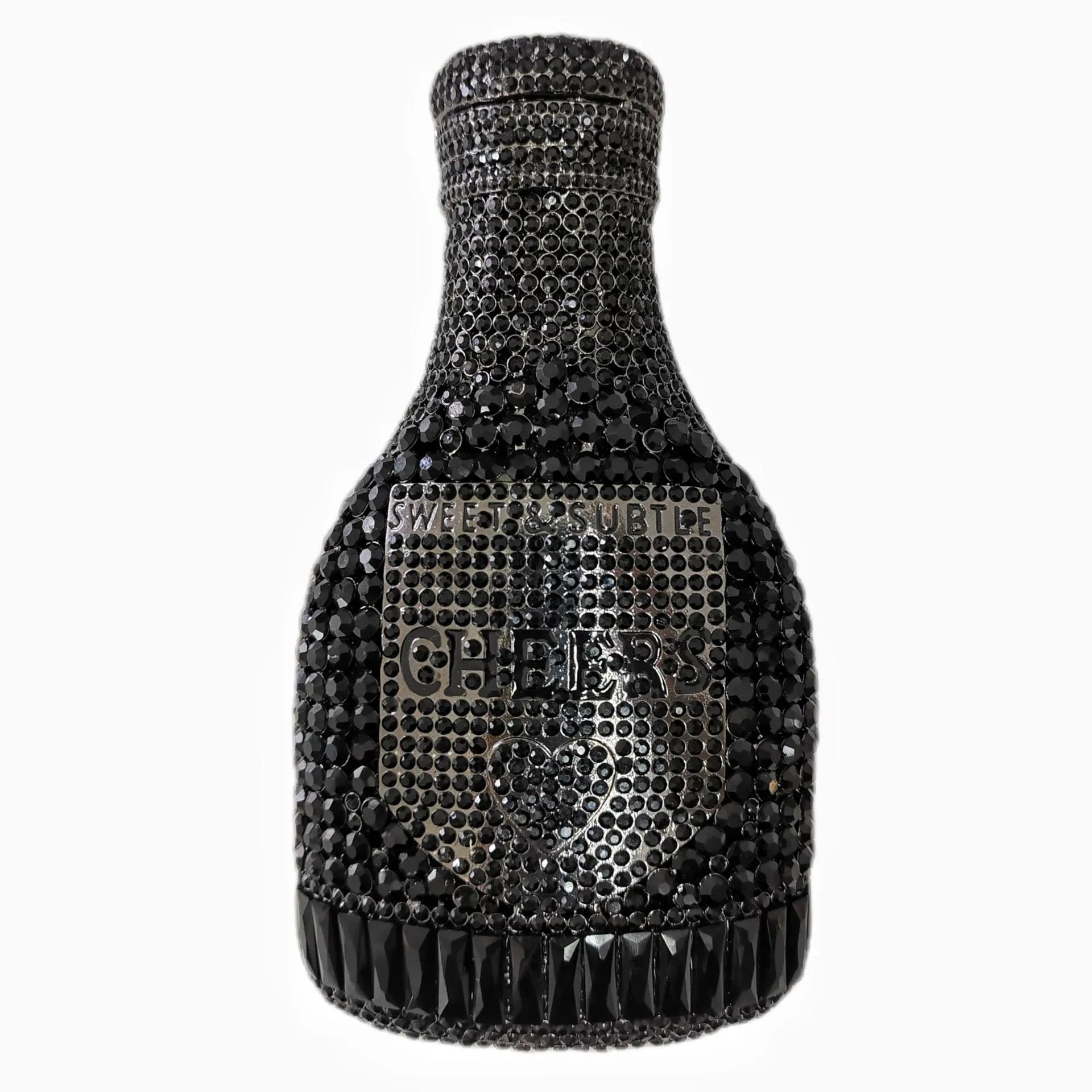 Gold hard-shell clutch bag shaped like a champagne bottle with a synthetic leather interior.